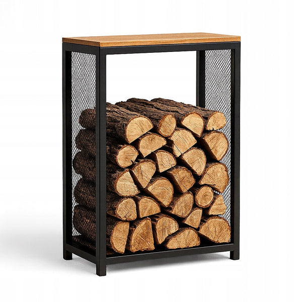 Stojak na drewno kominkowe loft z półką i siatką dekoracyjną - Loftivo