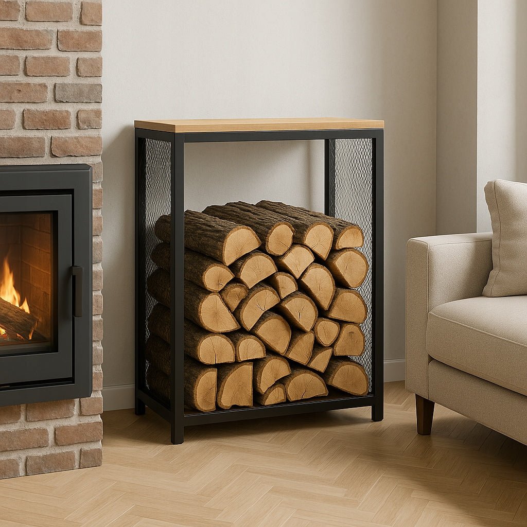 Stojak na drewno kominkowe loft z półką i siatką 100x60x30 cm