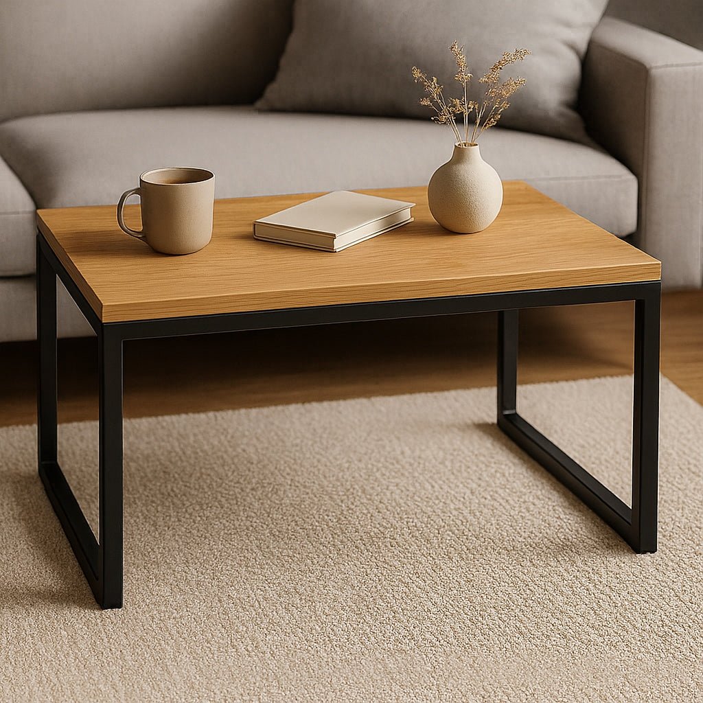 STOLIK KAWOWY ŁAWA LOFT 90x50 cm CZARNA RAMA DĄB CRAFT DO SALONU POKOJU - Loftivo