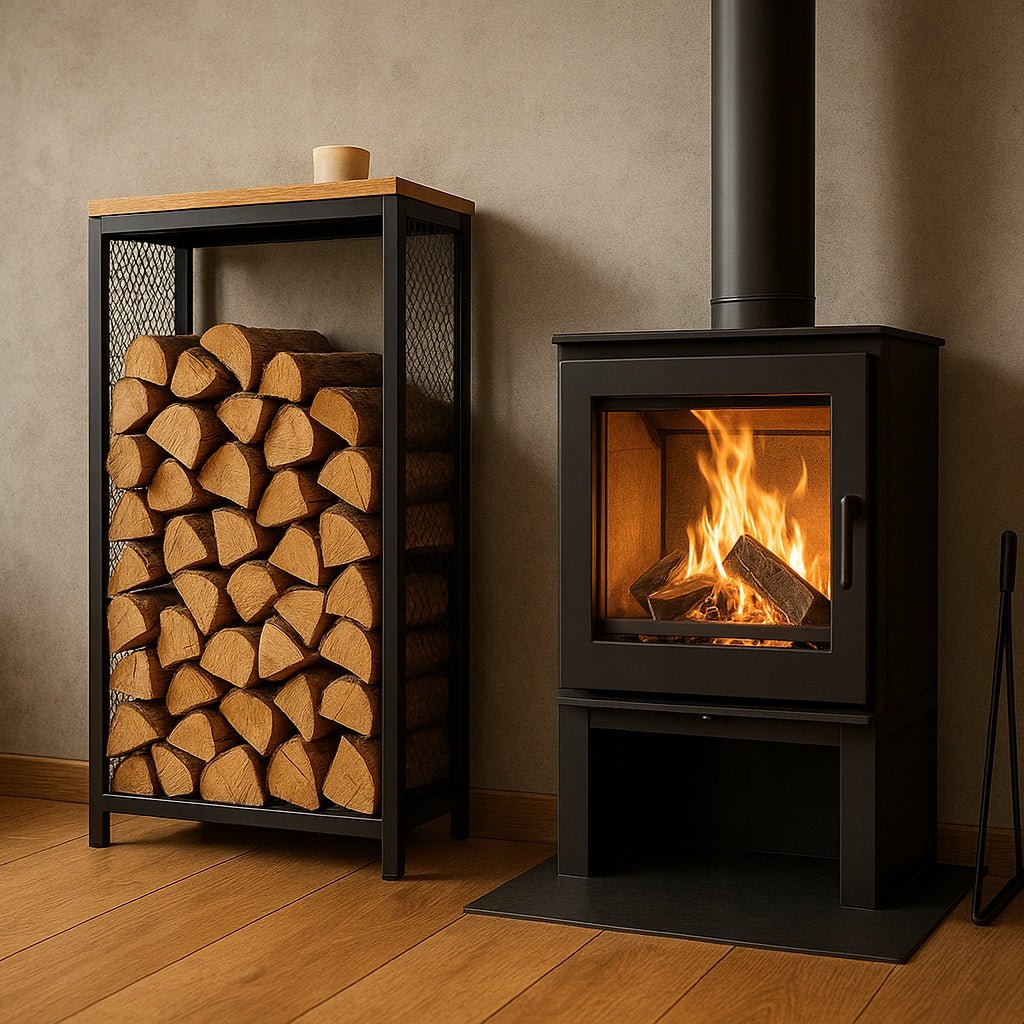 Stojak na drewno kominkowe loft z półką i siatką 100x60x30 cm