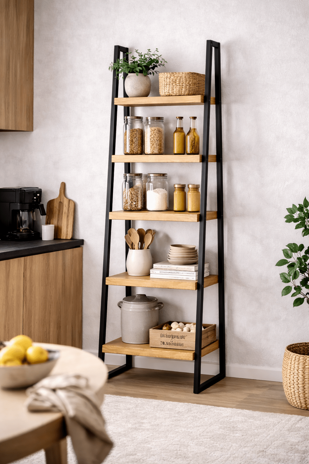 Regał drabinkowy loft 5 półek 180 cm dąb i metal