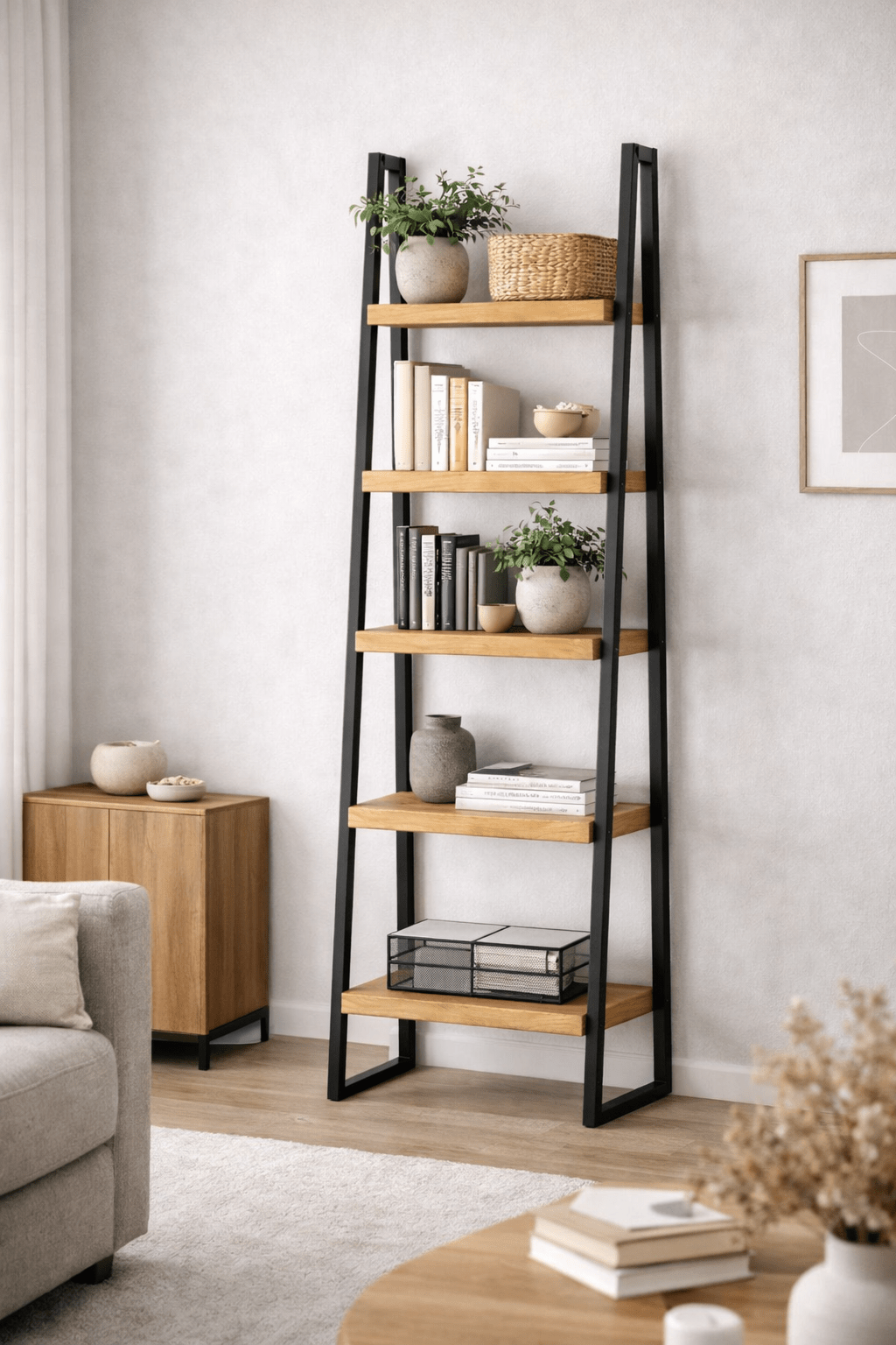 Regał drabinkowy loft 5 półek 180 cm dąb i metal