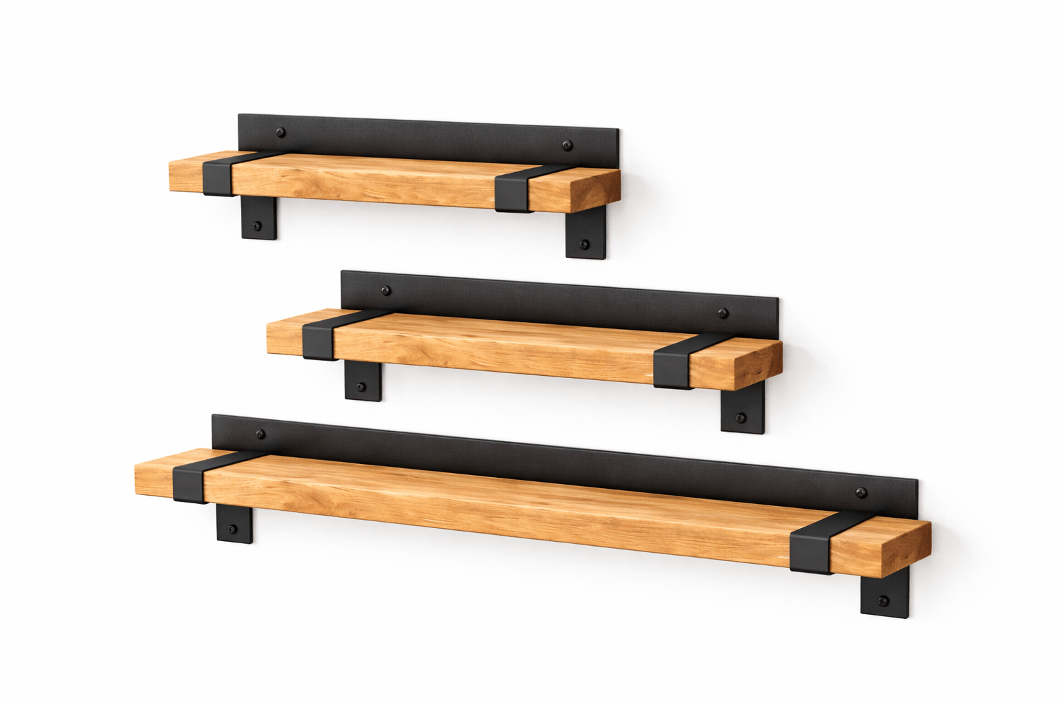 Zestaw 3 półek ściennych loft dąb i metal 30 50 70 cm