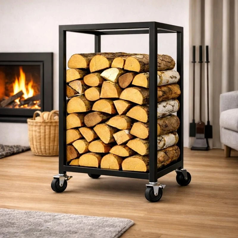 Kosz na drewno 100x60x30 cm mobilny metalowy stojak na drewno opałowe - Loftivo