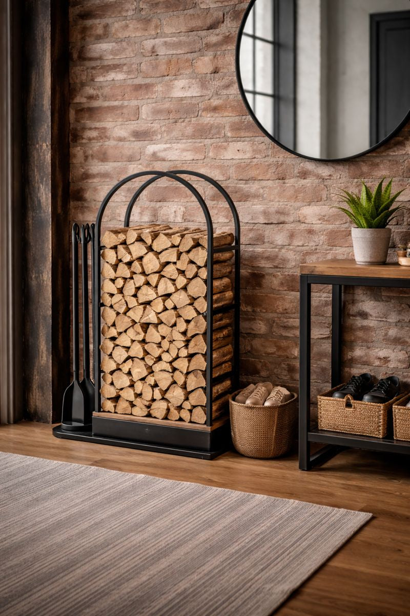 Stylowy stojak na drewno w industrialnym wnętrzu