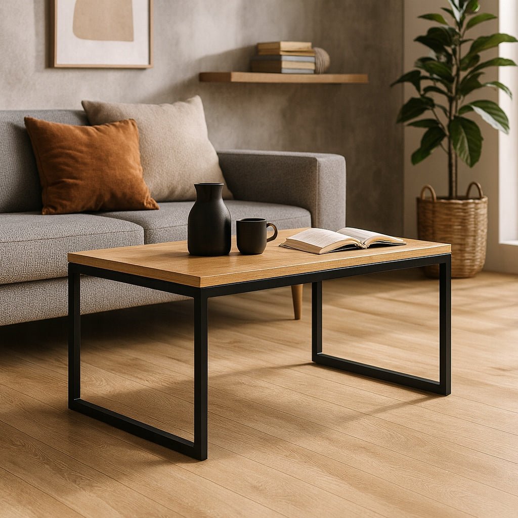 STOLIK KAWOWY ŁAWA LOFT 90x50 cm CZARNA RAMA DĄB CRAFT DO SALONU POKOJU - Loftivo