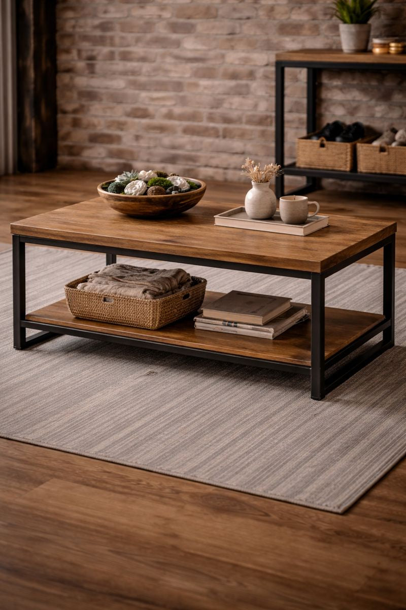 industrialny stół kawowy z dekoracjami