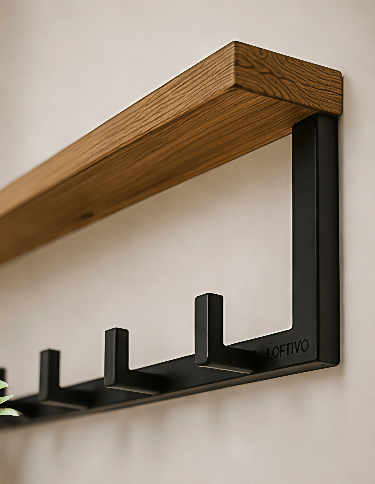 Wieszak ścienny z półką loft 60 cm 6 haków dąb i metal